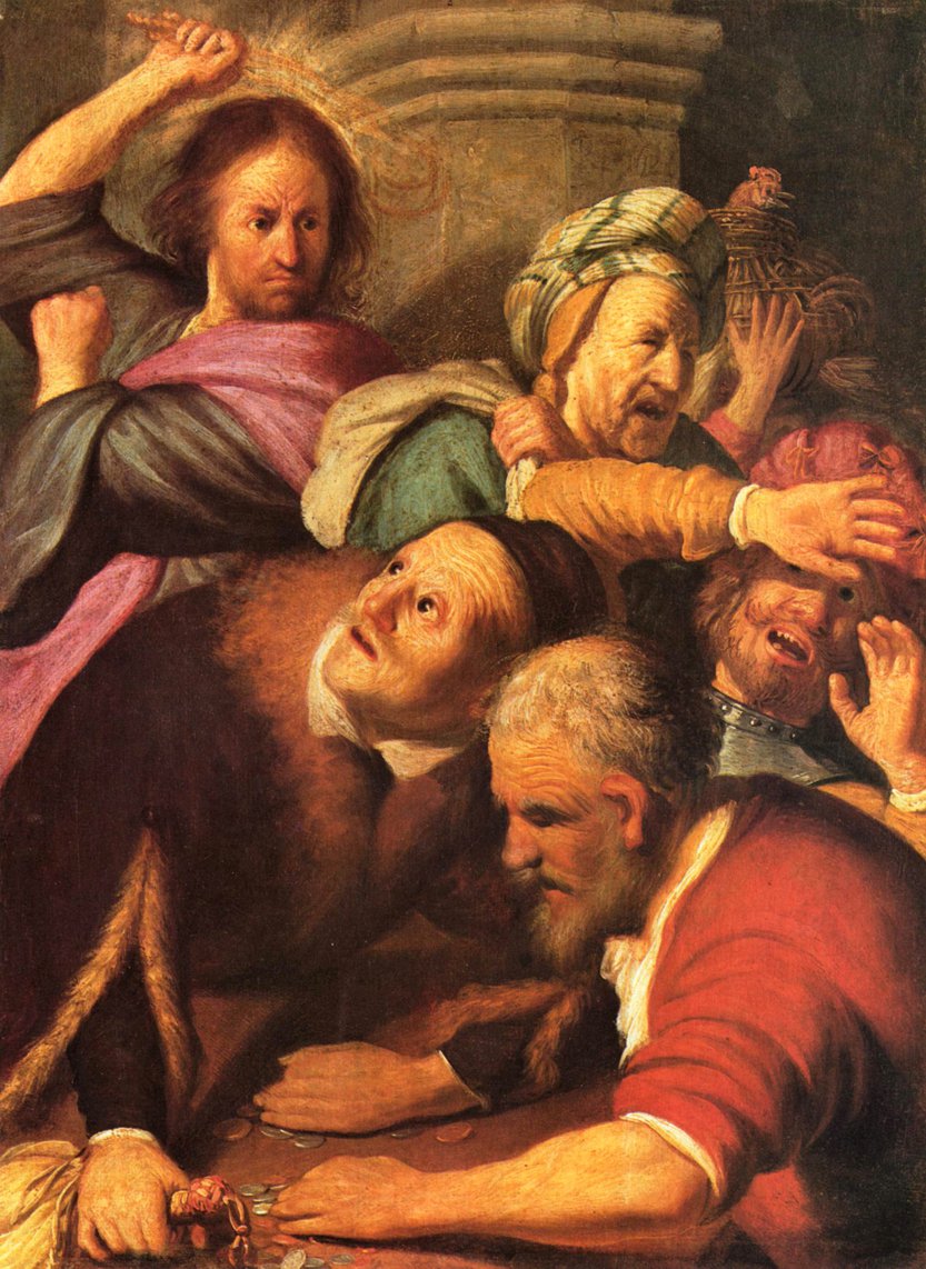 "Christ driving the Moneychangers" by Rembrandt Harmenszoon van Rijn (1606-1669) shows Jesus with a "game face" for removing the moneychangers from the temple. From Art in the Christian Tradition, a project of the Vanderbilt Divinity Library, Nashville, TN. (https://diglib.library.vanderbilt.edu/act-imagelink.pl?RC=54708 [retrieved June 21, 2022].) (Original source: http://commons.wikimedia.org/wiki/File:Rembrandt_Harmensz._van_Rijn_024.jpg.)