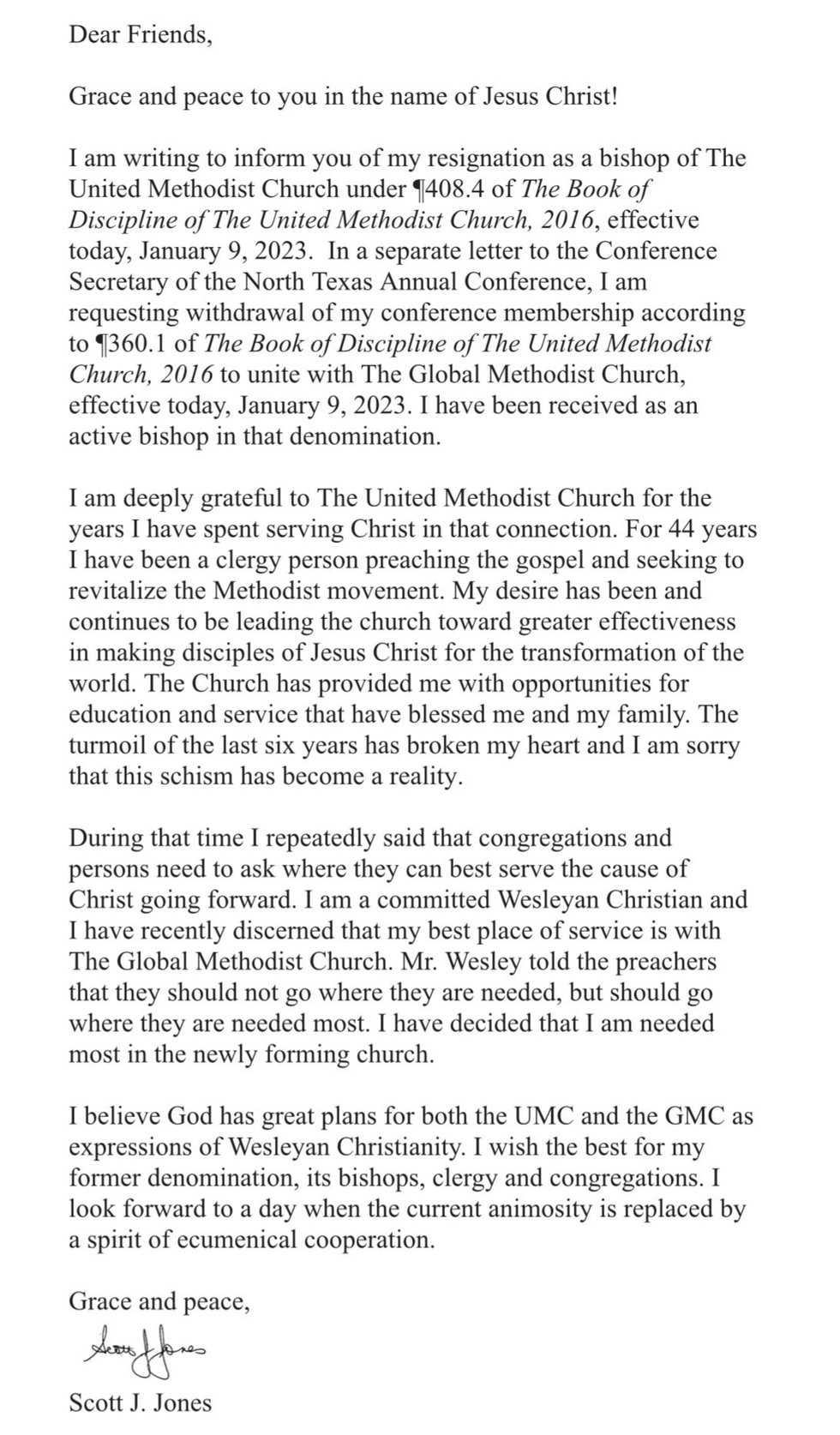 Bishop Jones letter